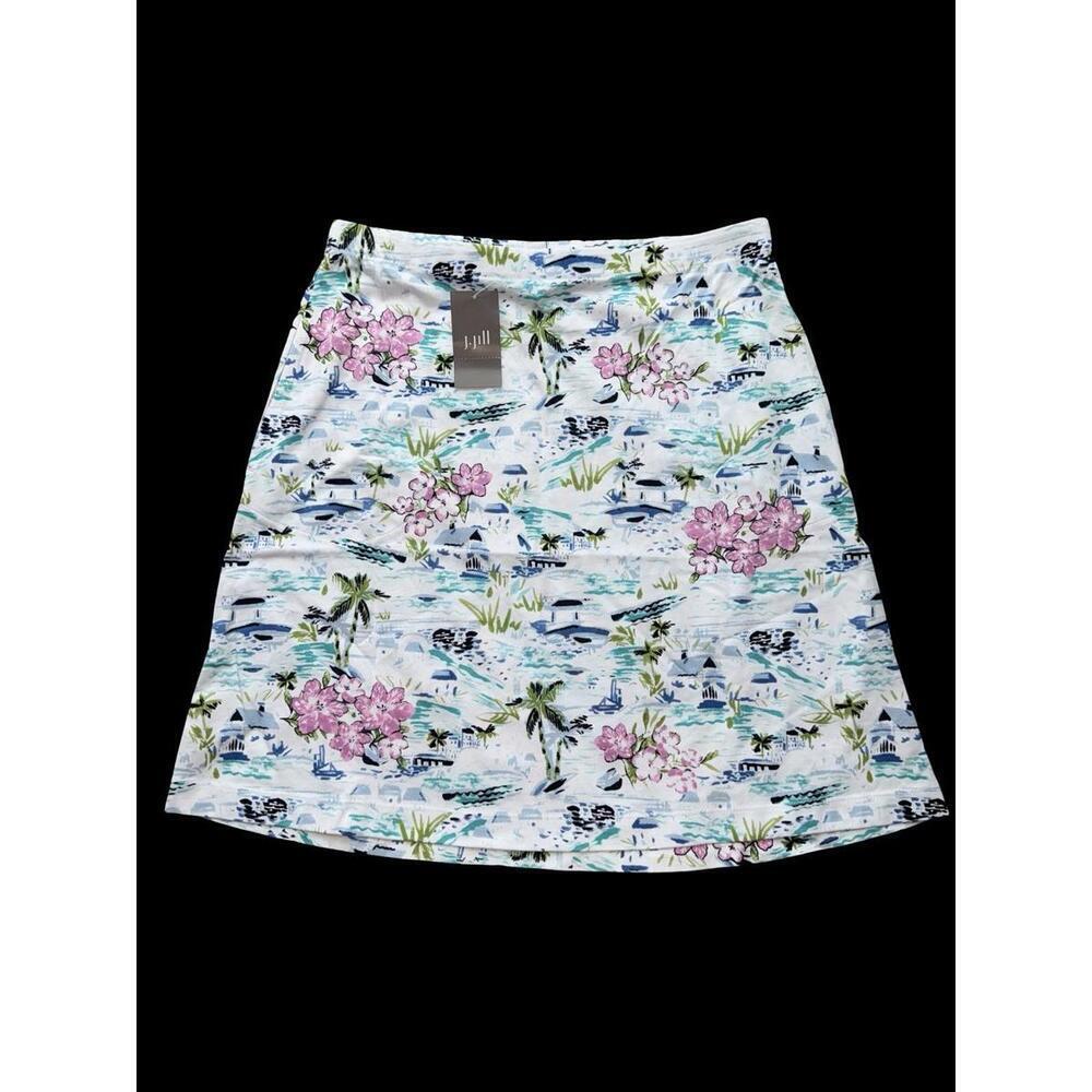 NWT J Jill Sz XSPTropical Toile Print Easy Knit Skirt Pockets Sea Palm Tree SOFT